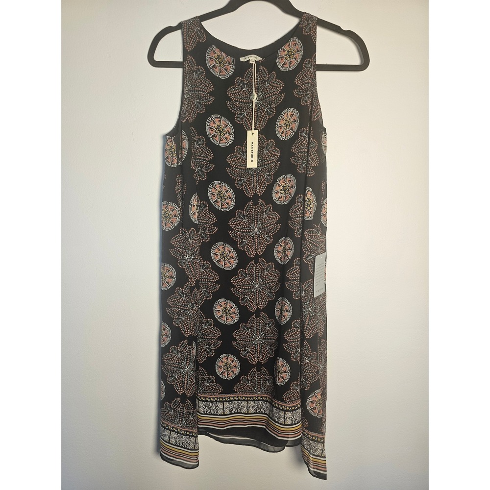 Boho Max Studio Sleeveless Shift Dress Womens Small Black Pink Floral Medallion